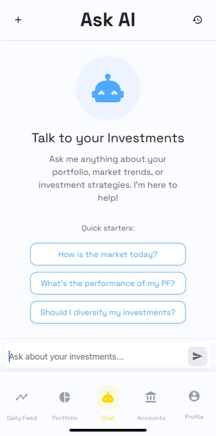 InvestInsights mobile app with a conversational entry point for investment research
