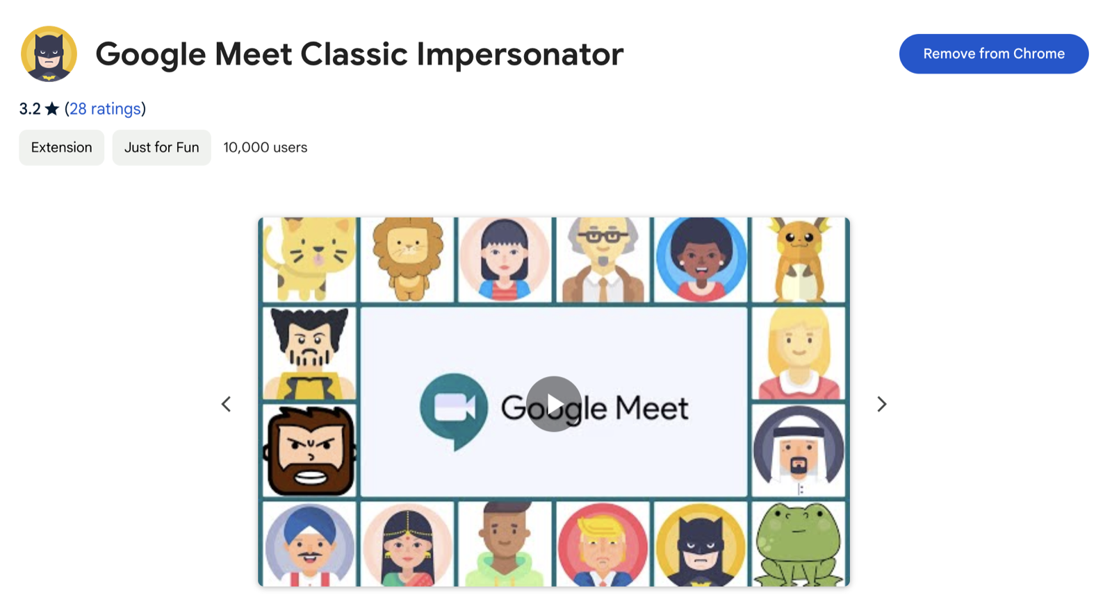 Google Meet Classic Impersonator Chrome Web Store listing