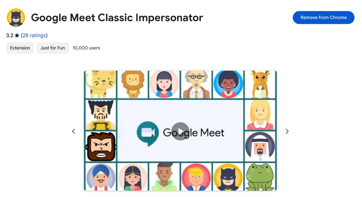 Google Meet Classic Impersonator’s character selection shown in its Chrome Web Store listing